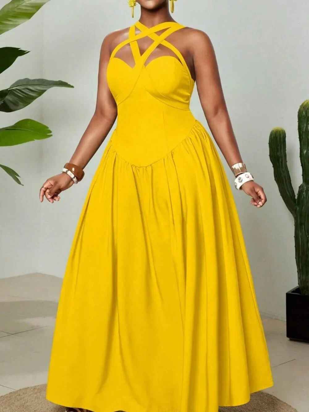 Yellow Womens Plus Size Elegant Sexy Spaghetti Strap Sleeveless Flowy maxi Dress
